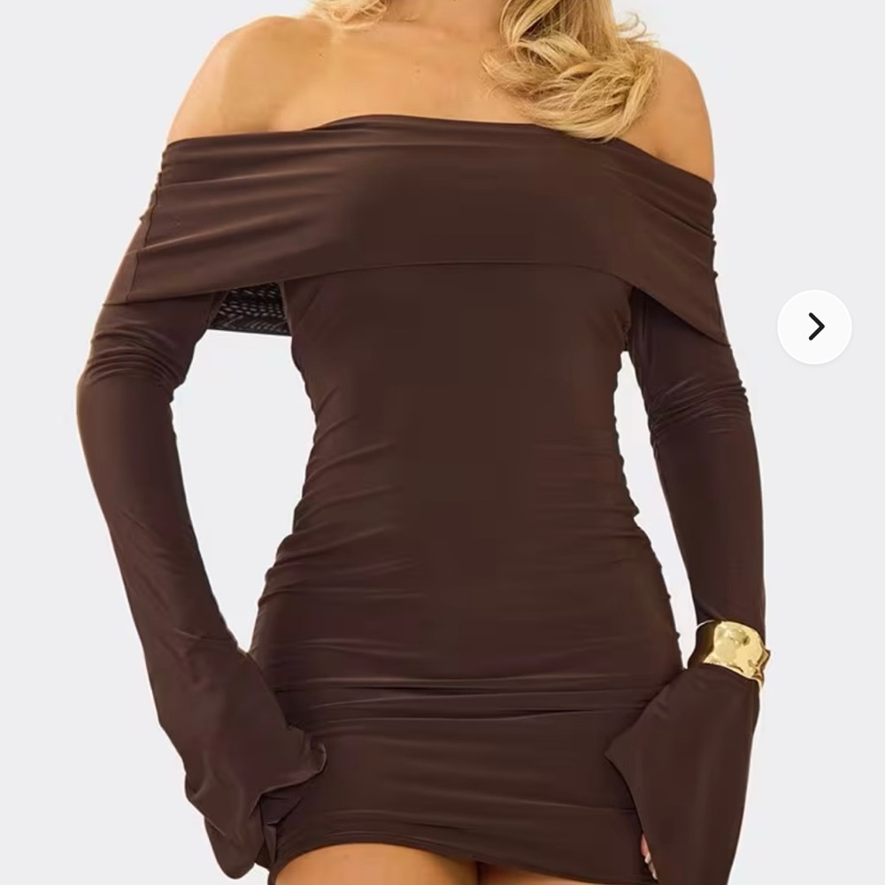 EGO Off-Shoulder Long Sleeve Brown Dress